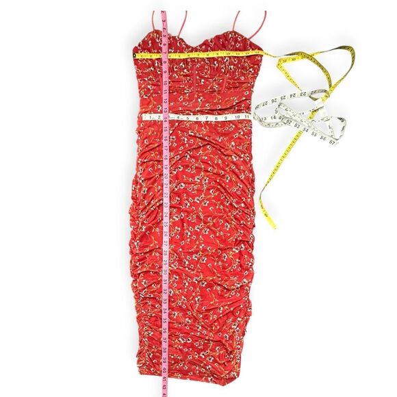 HELLO MOLLY Women’s Red Floral Ruched Bodycon Midi Dress “How Low Can You Go” Si - Picture 7 of 7